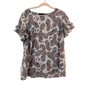 Lane Bryant Women Plus Blouse White Paisley Ruffle Sleeve Size 16